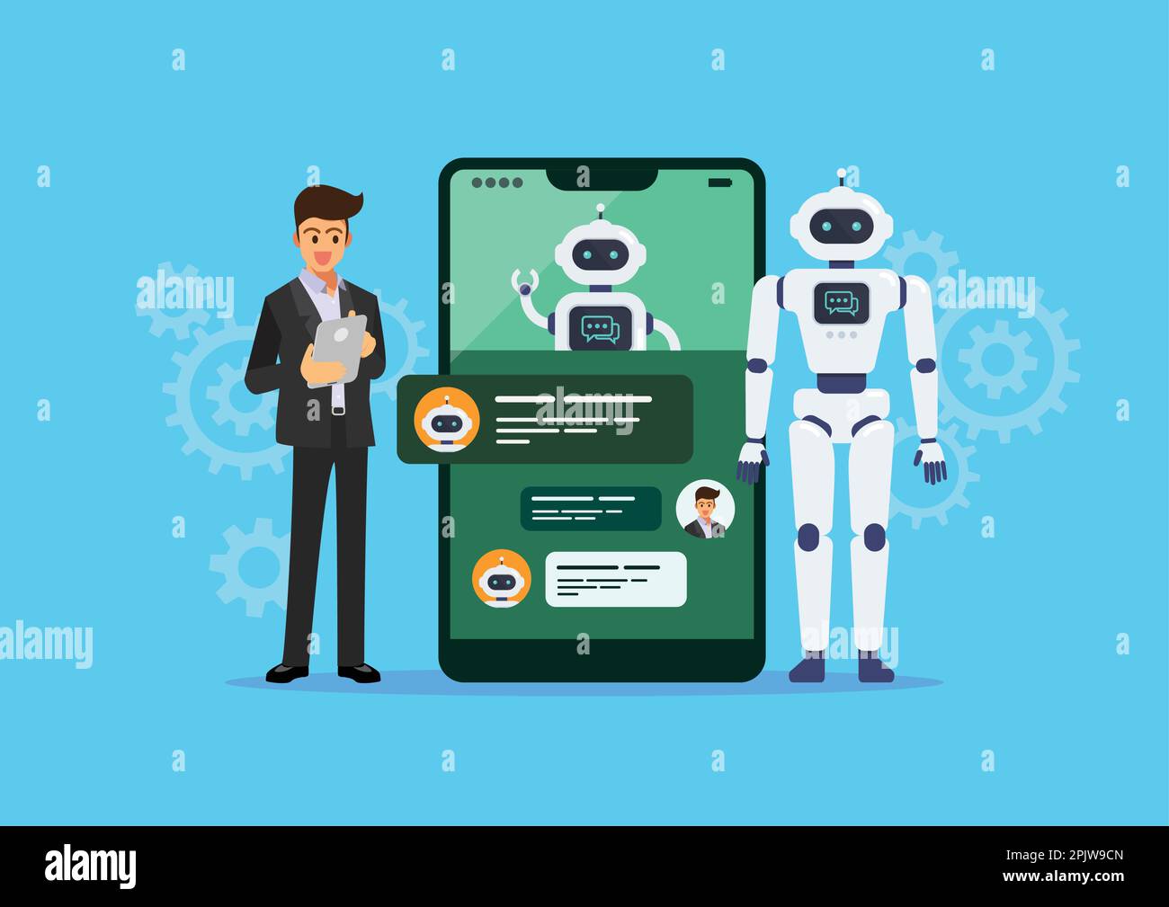 L'uomo d'affari sta parlando o chiacchierando con il bot della chat. Chat GPT. Intelligenza artificiale. Illustrazione vettoriale Illustrazione Vettoriale