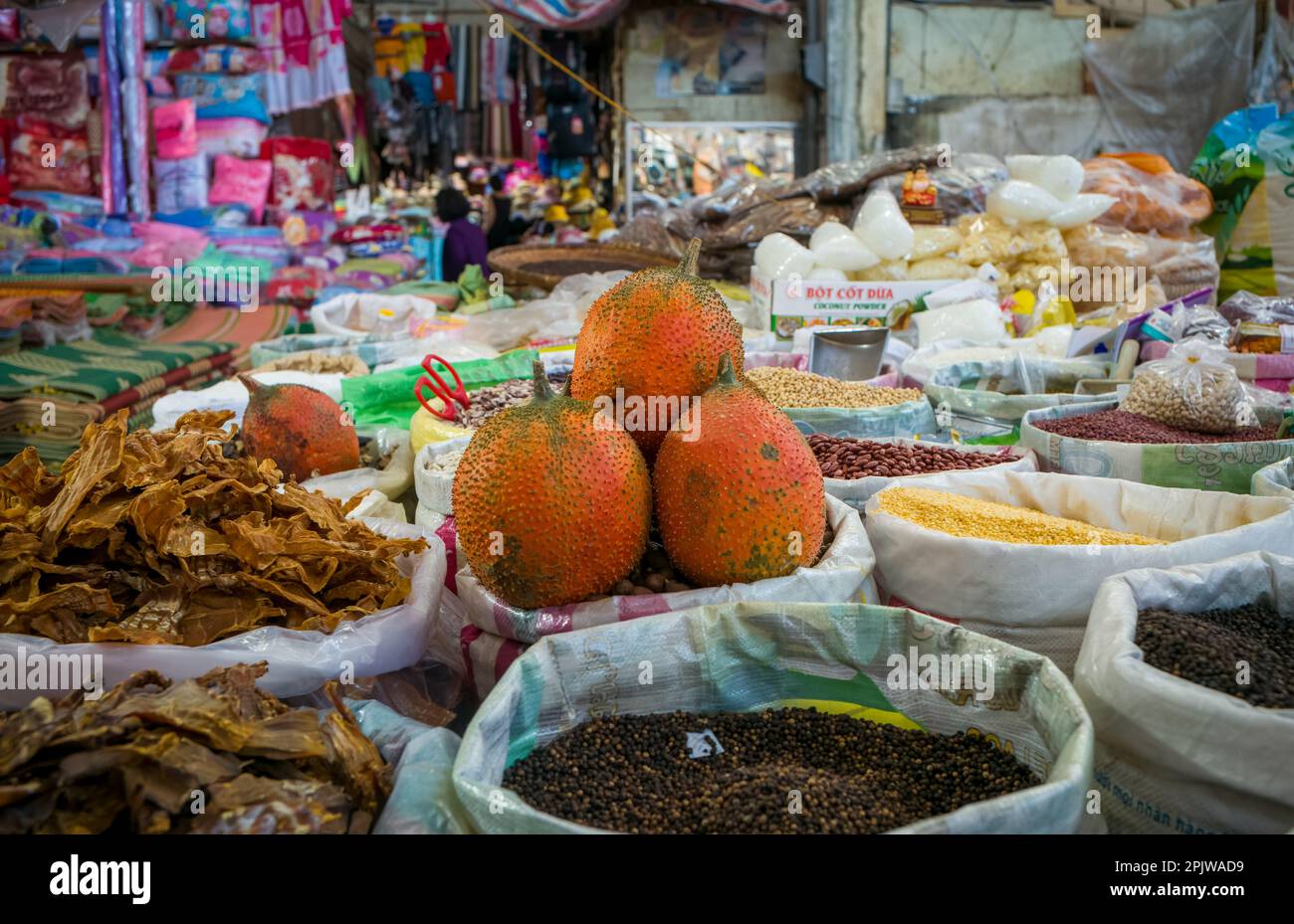 Fagioli secchi, spezie e articoli da rivendita in vendita presso uno stand del mercato centrale di PLEIKU, negli altopiani centrali del Vietnam. Foto Stock
