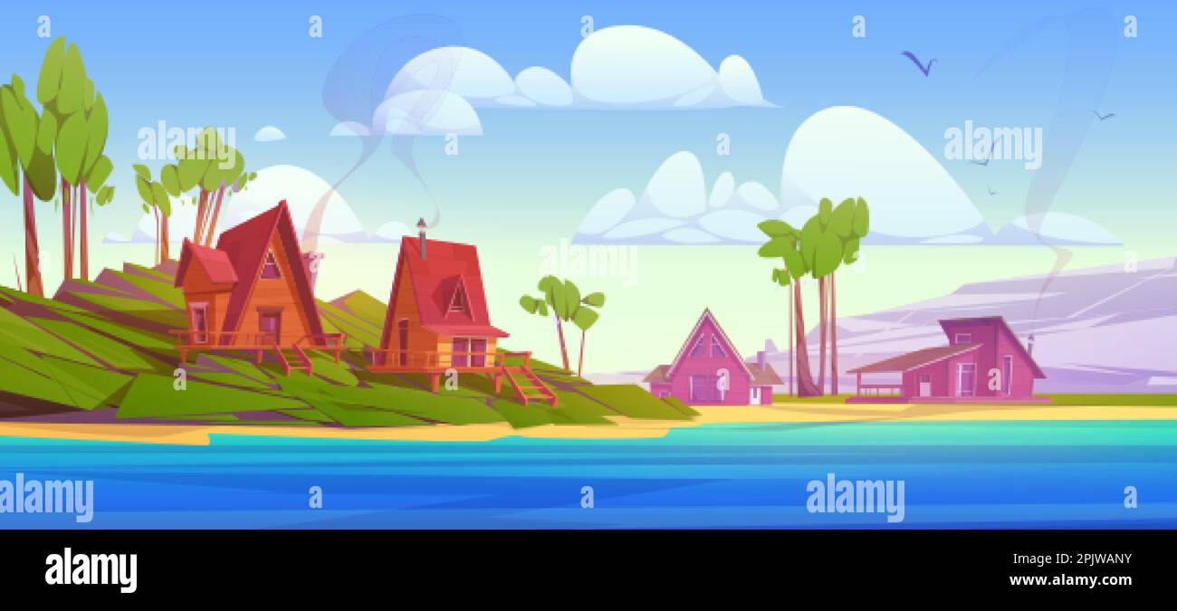 Accoglienti case in legno vicino al lago di montagna. Cartoni animati vettoriali illustrazione di un bellissimo paesaggio naturale, capanne glamping su una collina verde, alberi alti, acqua blu Illustrazione Vettoriale
