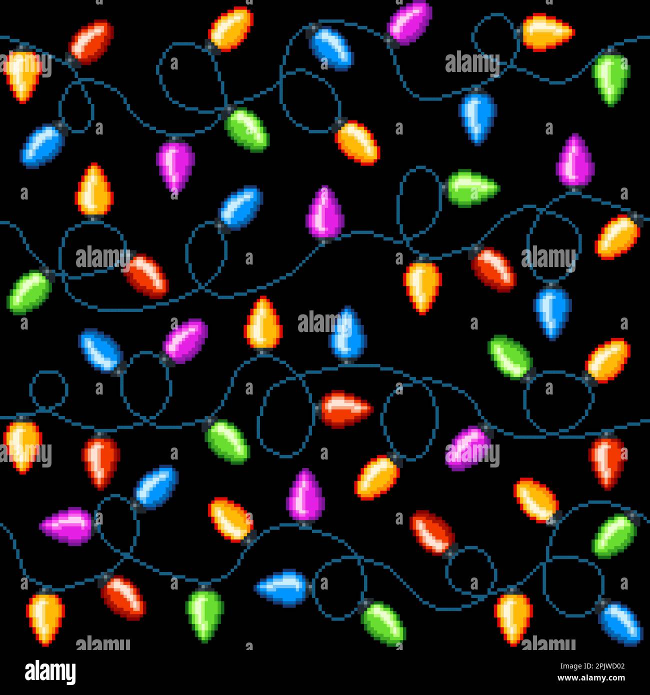 Luci di Natale pixel senza cuciture motivo o sfondo vettoriale di festa invernale ghirland. Luci natalizie con motivo a 8bit pixel, decorazione natalizia di colorf Illustrazione Vettoriale