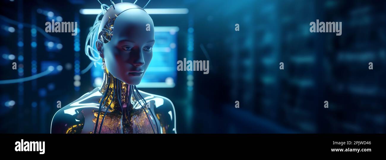 ragazza umanoide, assistente robot all'interno di un centro informatico futuristico. tecnologie e intelligenza artificiale del trattamento dei dati. neon neur Foto Stock