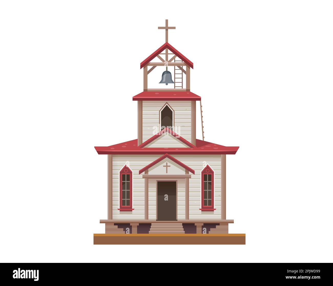 Western, Wild West chiesa cattolica, edificio della città o vecchia cappella, vettore di architettura religiosa. Facciata dell'edificio Western Country o Wild West American, Illustrazione Vettoriale