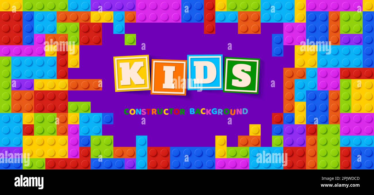 Sfondo zona bambini di mattoni o gioco costruttore, area giochi per bambini segno vettoriale. Banner sfondo zona bambini con i contro colorati in plastica Illustrazione Vettoriale