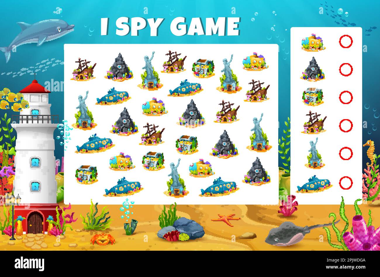 I foglio di lavoro gioco spia. Paesaggio subacqueo con casa da fiaba edifici vettore bambini puzzle quiz. Cerca e conta sotto Water city homes, cartoon sh Illustrazione Vettoriale