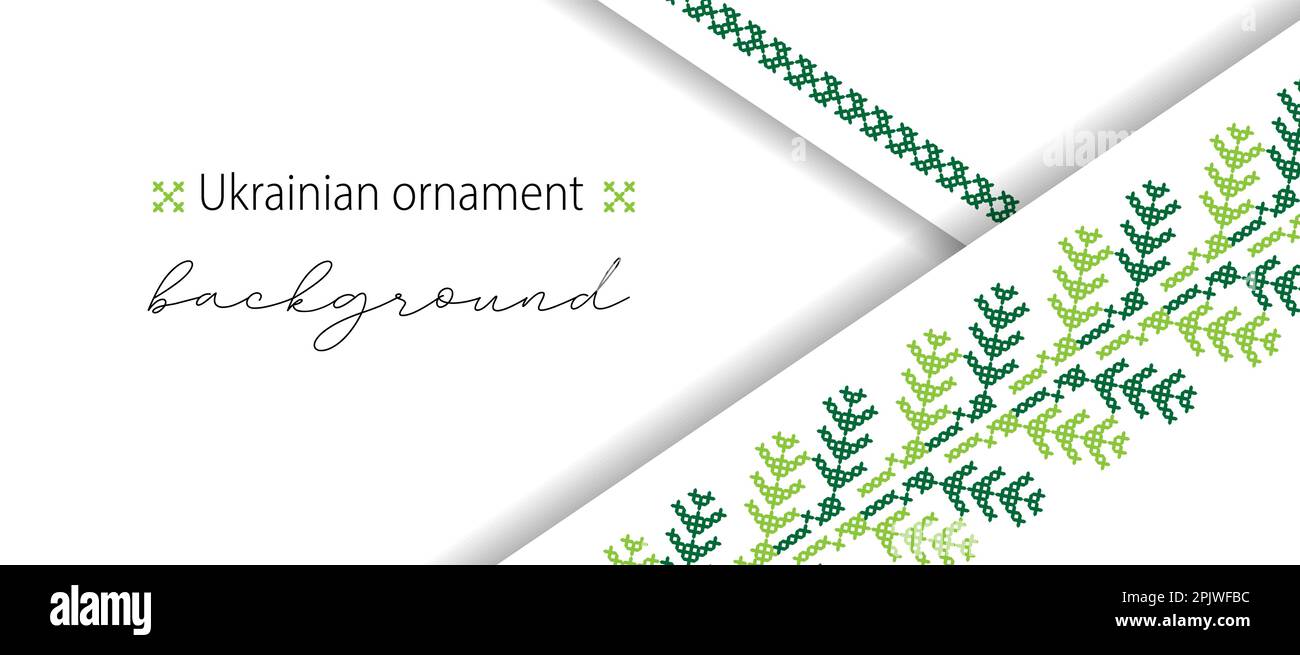 Foglie verdi minimalistiche popolari ucraine, sfondo vettore foglia, banner, poster. Banner semplice e moderno in colori verdi. Pixel art, vyshyvanka, croce Illustrazione Vettoriale