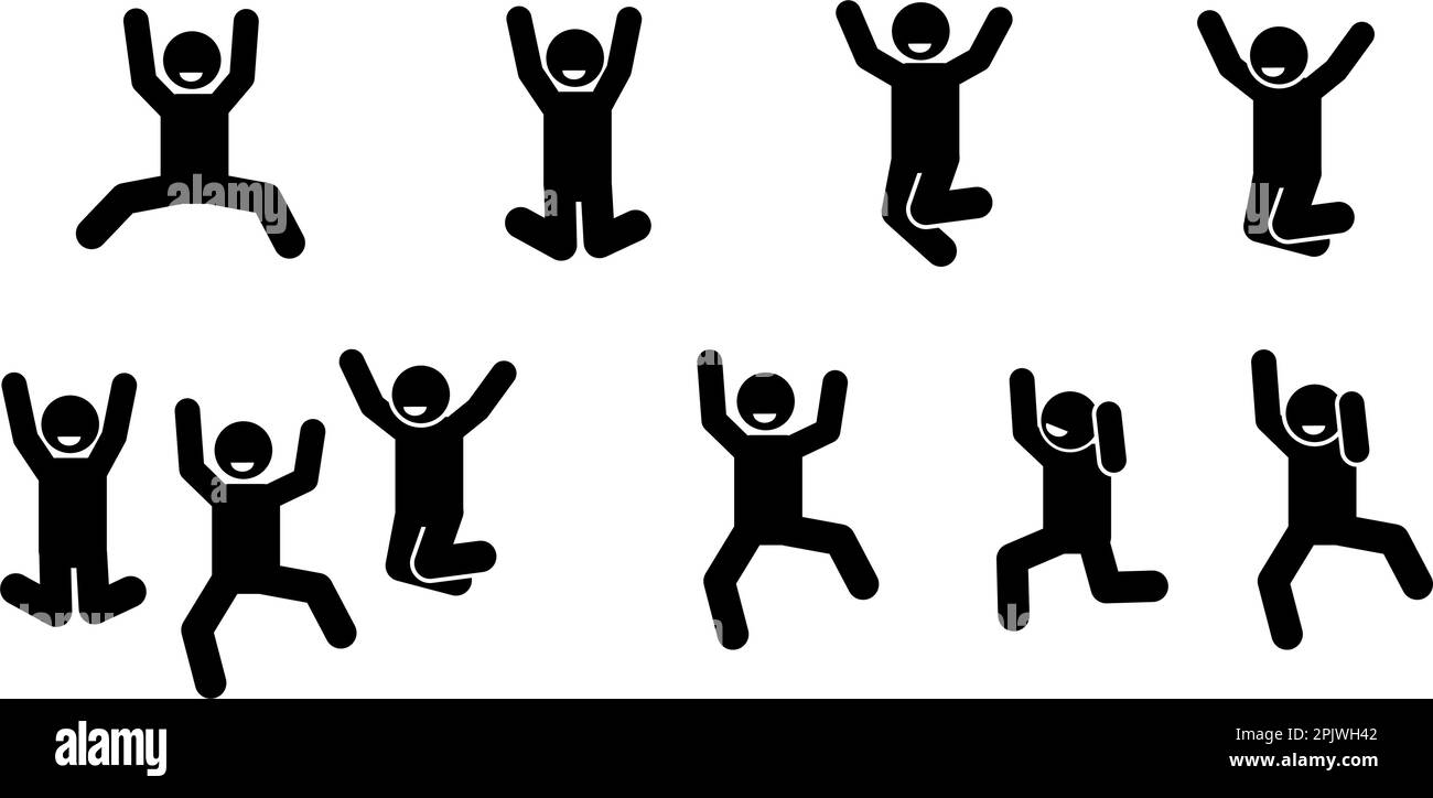 Le figure del bastone ed i pittogrammi sono sensi semplici ma efficaci trasmettere le emozioni ed i messaggi. Scopri questa collezione di felici figure di bastone danzanti t Illustrazione Vettoriale