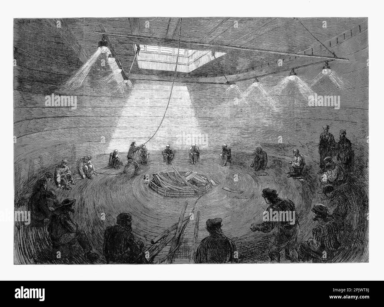 Avvolgimento del cavo telegrafo Atlantico in uno dei carri armati del Grande Oriente durante la spedizione del telegrafo Atlantico del 1865. Il ferro a vela, ruota a pale e nave a vapore a elica progettata da Isambard Kingdom Brunel, fu la più grande nave mai costruita nel 1858. Foto Stock