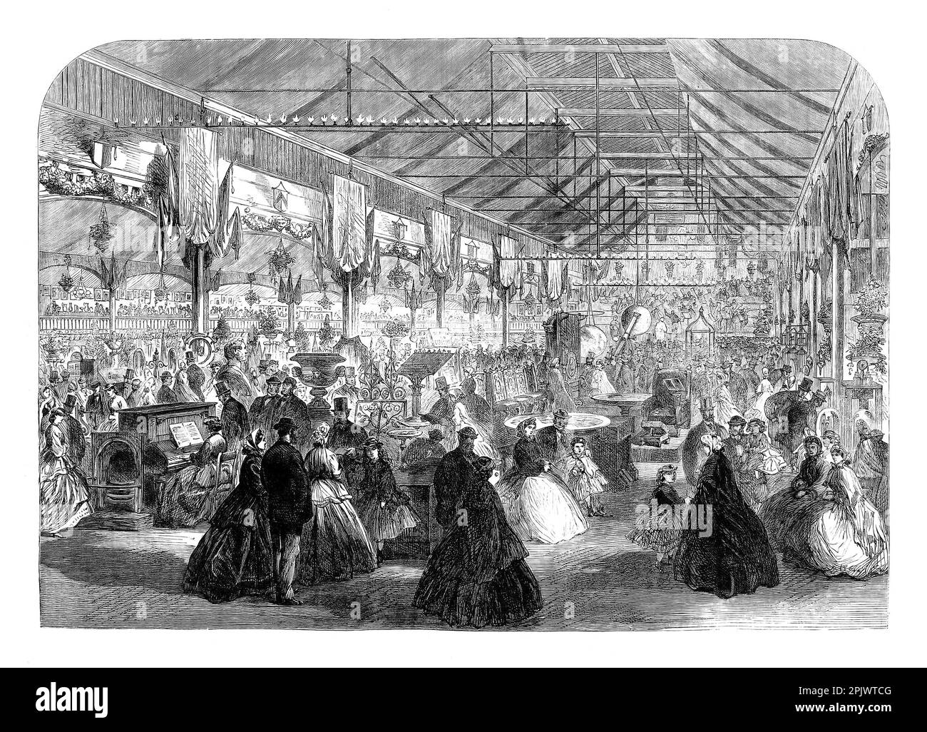 La 1865° esposizione industriale al Bingley Hall di Birmingham. La prima sala espositiva costruita appositamente in Gran Bretagna, fu costruita nel 1850 e bruciata nel 1984. Foto Stock