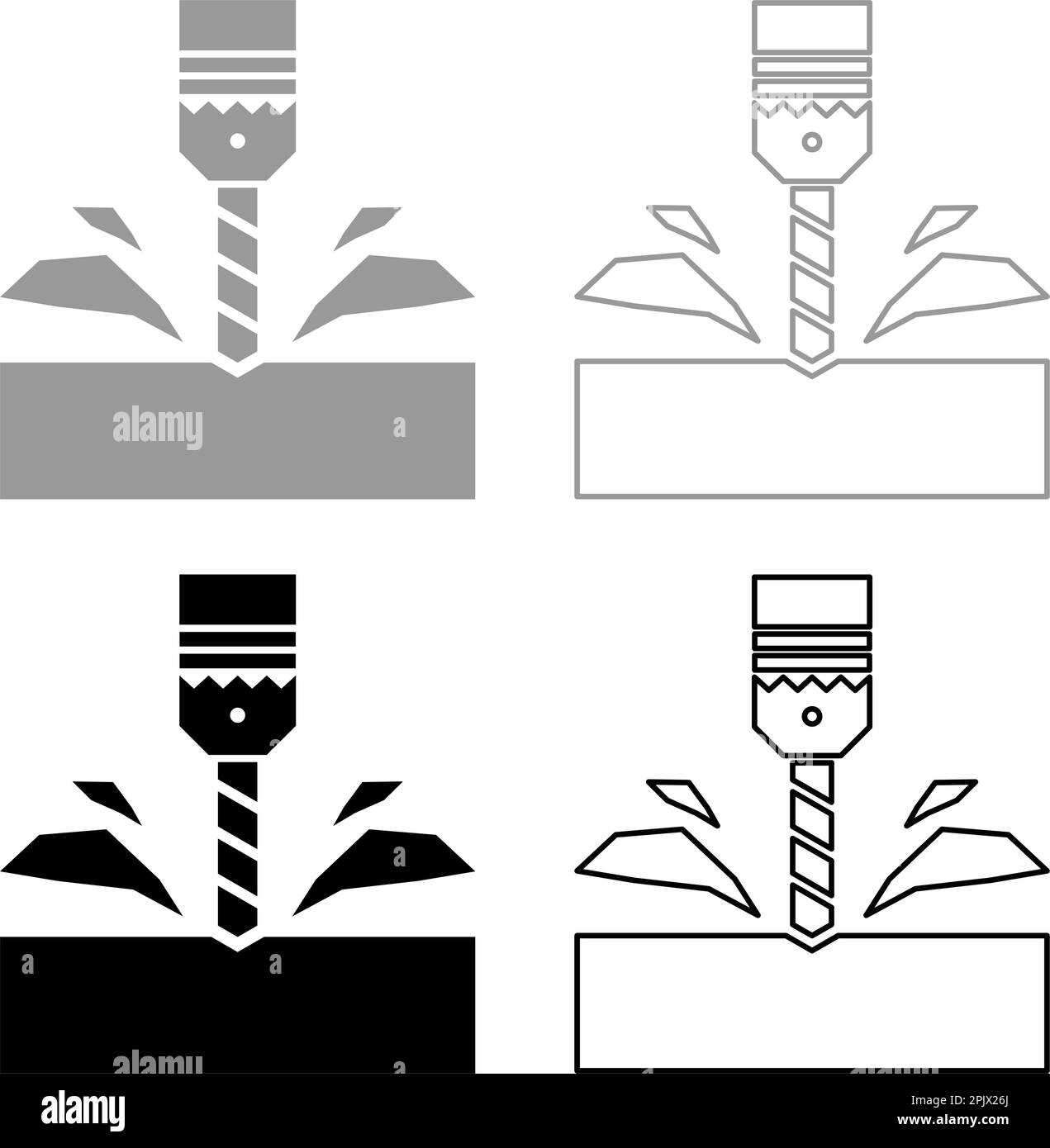 Trapano con cartuccia materiale lavorazione trucioli punta fissa utilizzare set icona grigio nero vettore immagine illustrazione semplice riempimento solido contorno Illustrazione Vettoriale