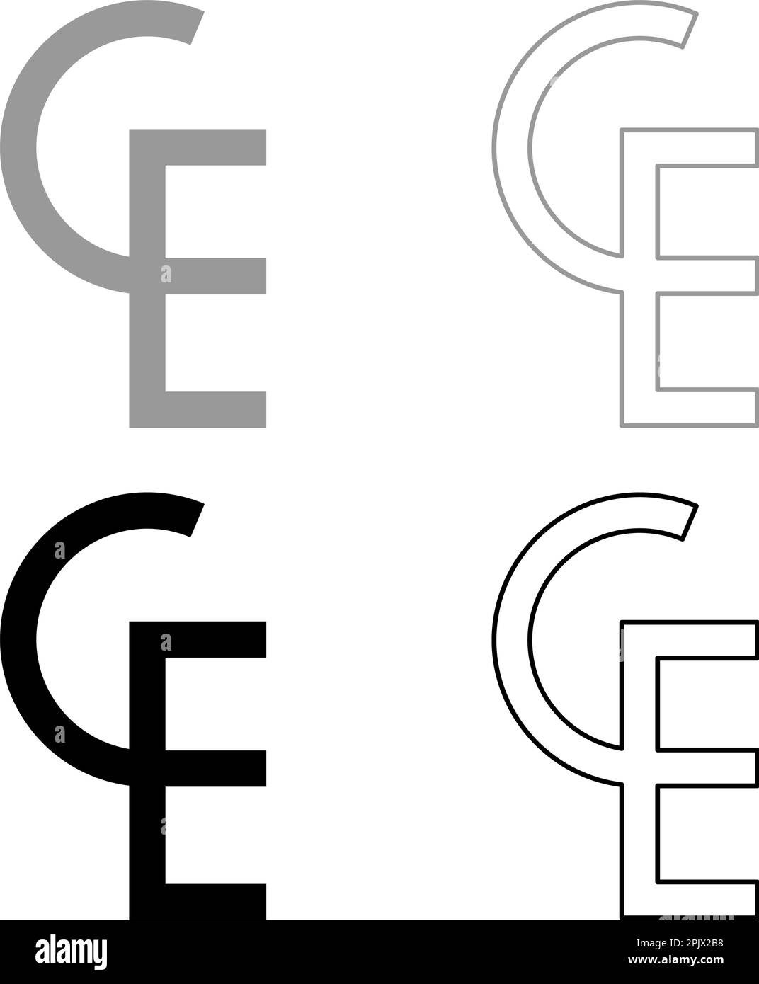 Euro-valuta segno ECU simbolo europeo ecu CE CE set icona grigio nero colore vettore illustrazione immagine semplice riempimento pieno contorno linea sottile piatto Illustrazione Vettoriale