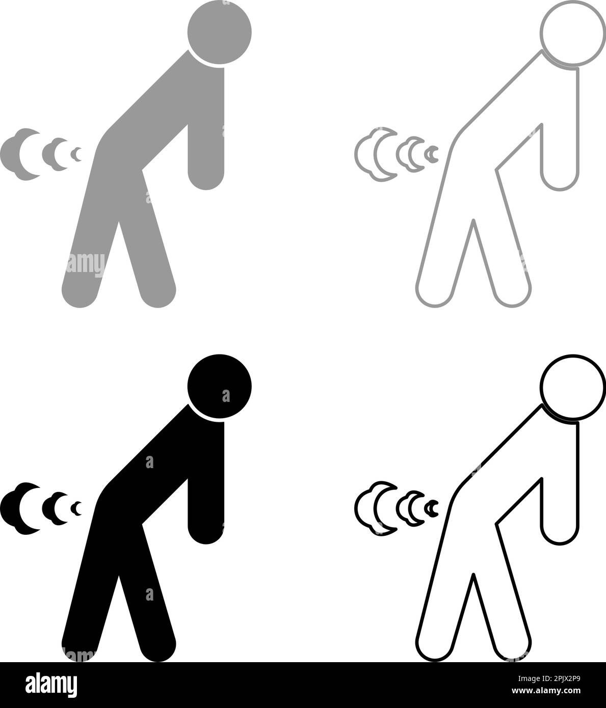 Uomo Farts rottura vento farting gonfiore nube di gas puzzolente cattivo odore flatulenza set icona grigio nero colore vettore illustrazione immagine semplice riempimento solido Illustrazione Vettoriale