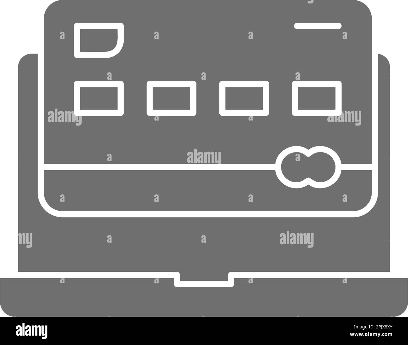 Carta di credito con computer portatile, pagamento online icona grigio riempimento. Shopping, online banking, finanza simbolo design. Illustrazione Vettoriale
