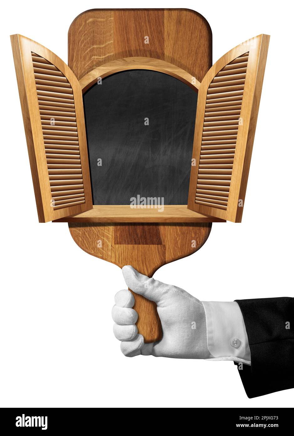 Mano di cameriere o chef con guanto di lavoro bianco che tiene un vecchio tagliere di legno con una finestra aperta (lavagna interna), isolato su sfondo bianco. Foto Stock
