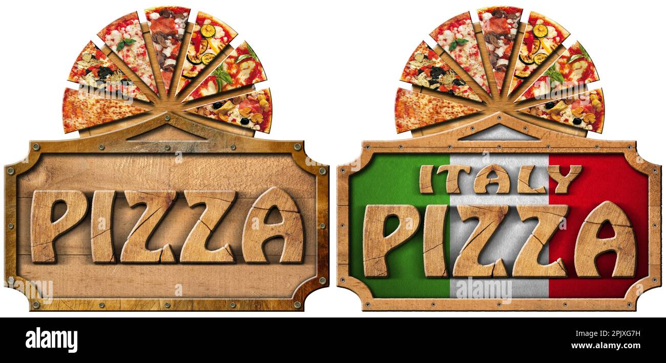 Segni di legno con fette di pizza e testo Pizza e Italia Pizza, e bandiera italiana, isolato su sfondo bianco. Foto Stock