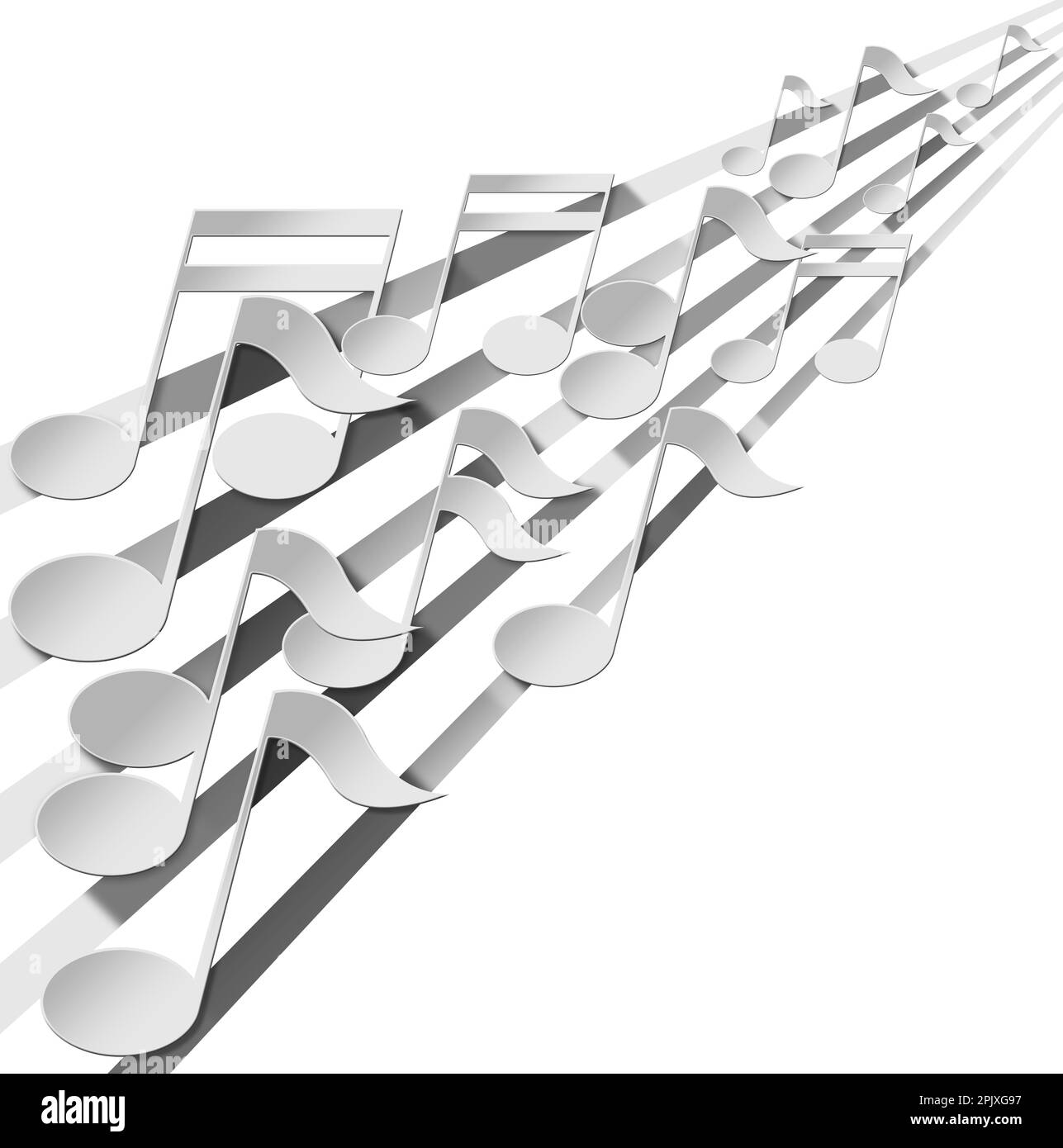 Note musicali bianche e grigie su uno staff musicale. Isolato su sfondo bianco. illustrazione 3d. Foto Stock