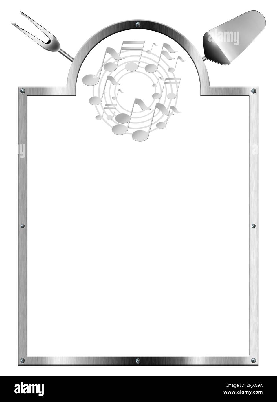 Template per menu e eventi musicali, cornice metallica con note musicali, utensili da cucina e spazio per la copia, isolata su sfondo bianco. Foto Stock
