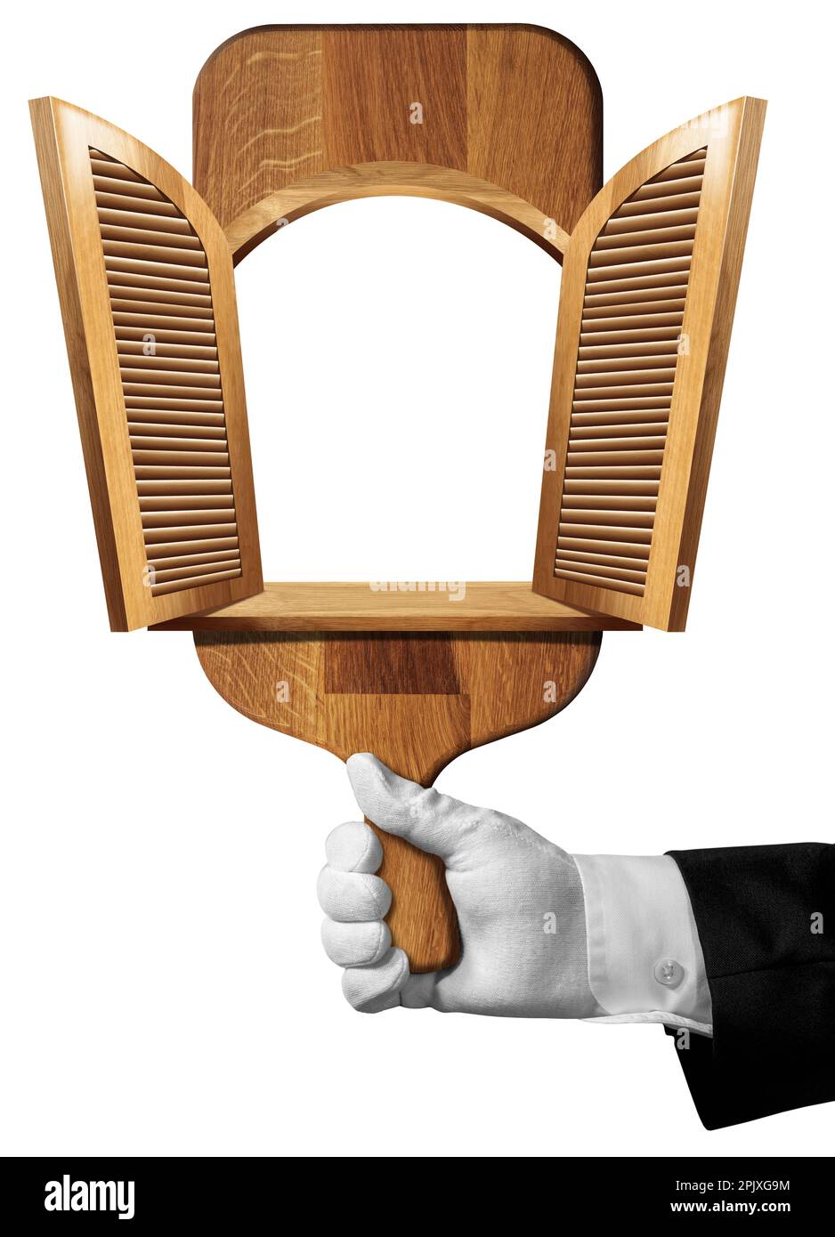 Mano di cameriere o chef con guanto di lavoro bianco che tiene un vecchio tagliere di legno con una finestra aperta, isolato su sfondo bianco. Foto Stock