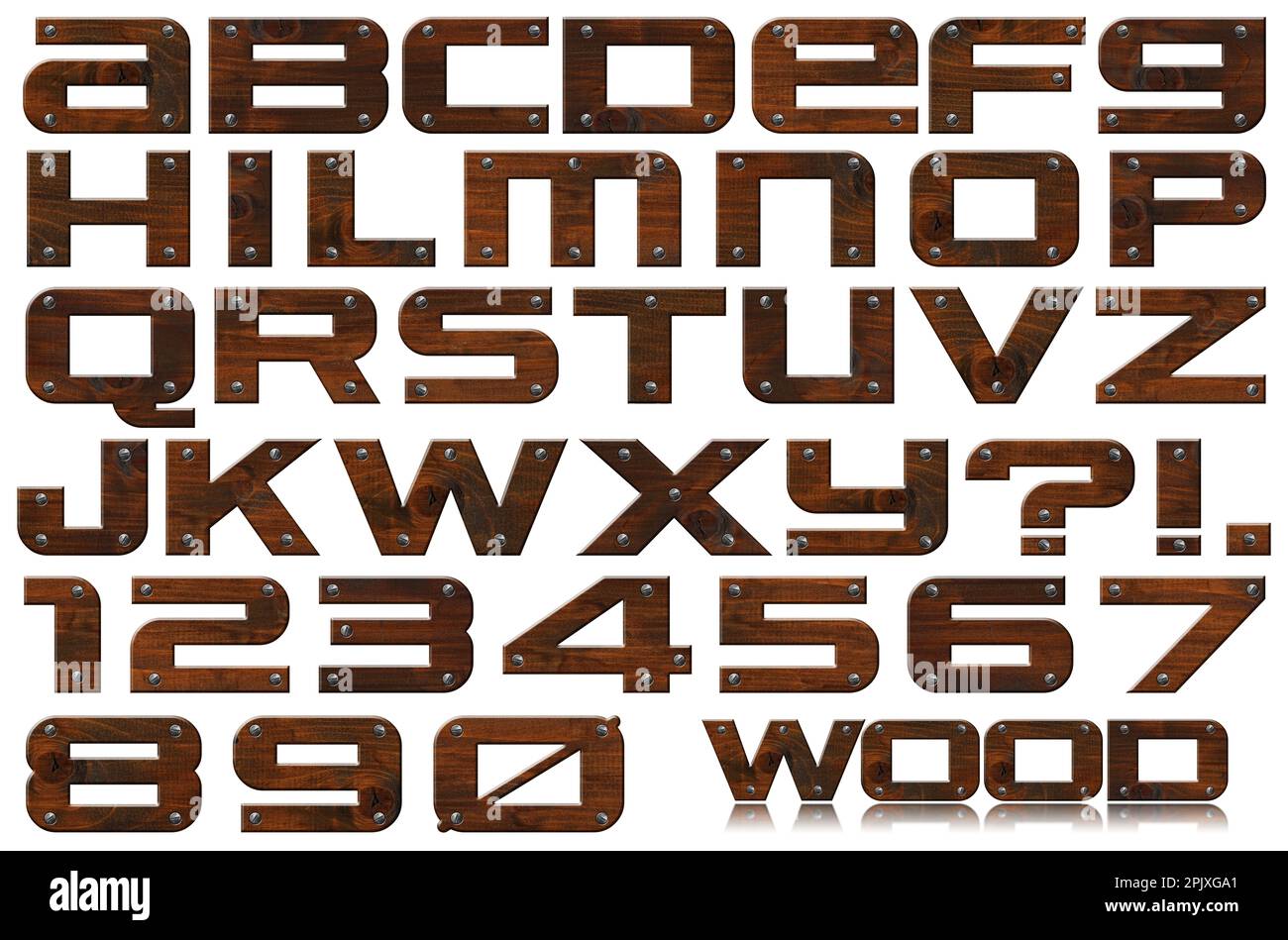 Lettere e numeri in legno, con viti, isolati su fondo bianco. Foto Stock