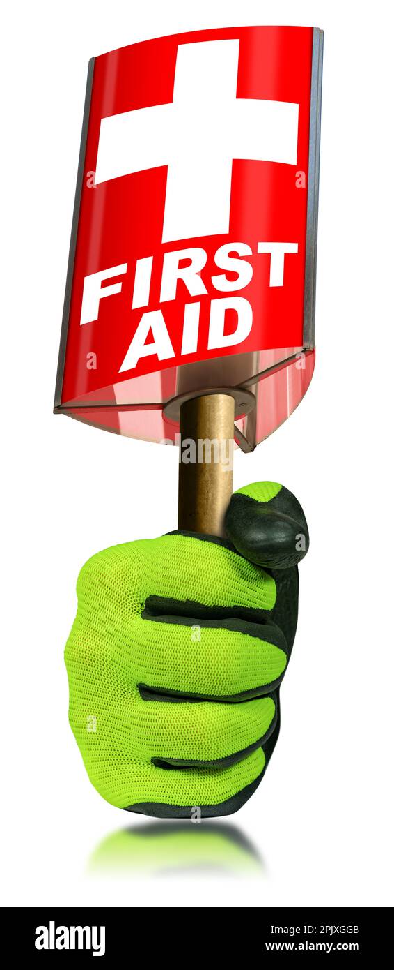 Mano con guanto di protezione da lavoro, con un cartello di pronto soccorso rosso e bianco. Isolato su sfondo bianco e riflessi. Foto Stock