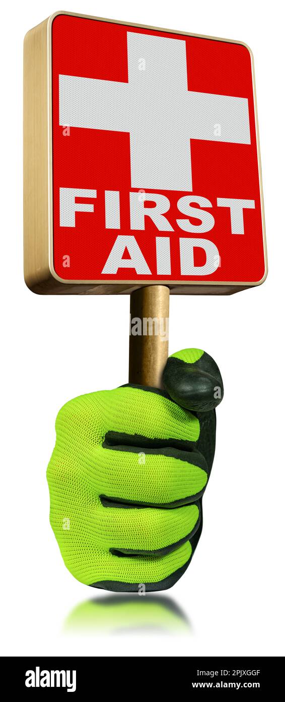 Mano con guanto di protezione da lavoro, con un cartello di pronto soccorso rosso e bianco. Isolato su sfondo bianco e riflessi. Foto Stock
