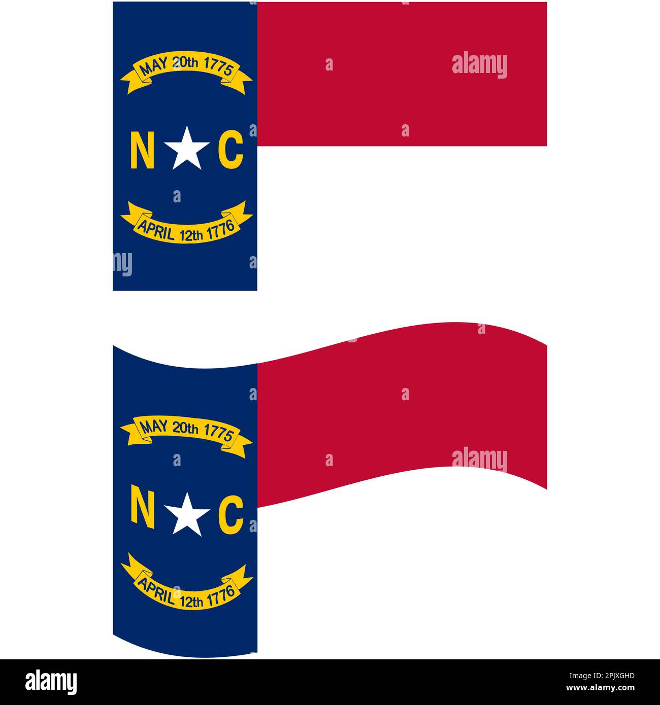 Sventolando la bandiera dello Stato del North Carolina. Bandiera dello Stato della Carolina del Nord su sfondo bianco. stile piatto. Foto Stock