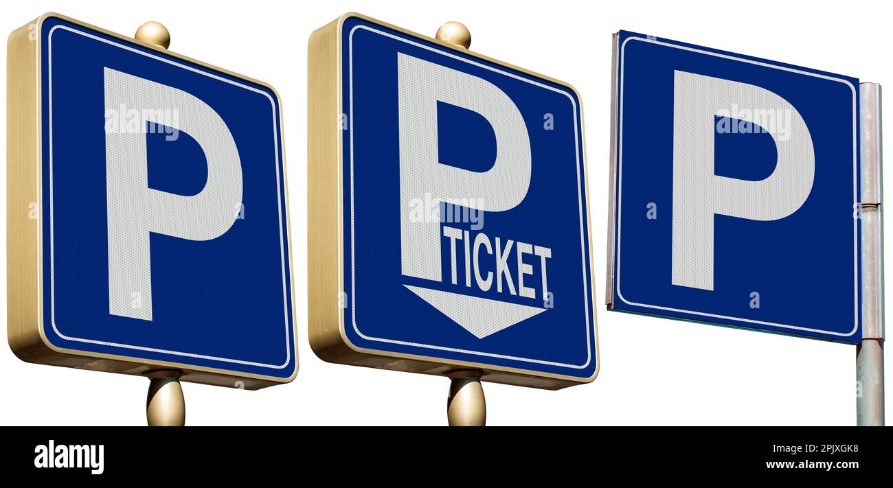 Tre segnali di parcheggio blu con la lettera P (Parcheggio gratuito e Parcheggio), isolato su sfondo bianco, Fotografia. Foto Stock