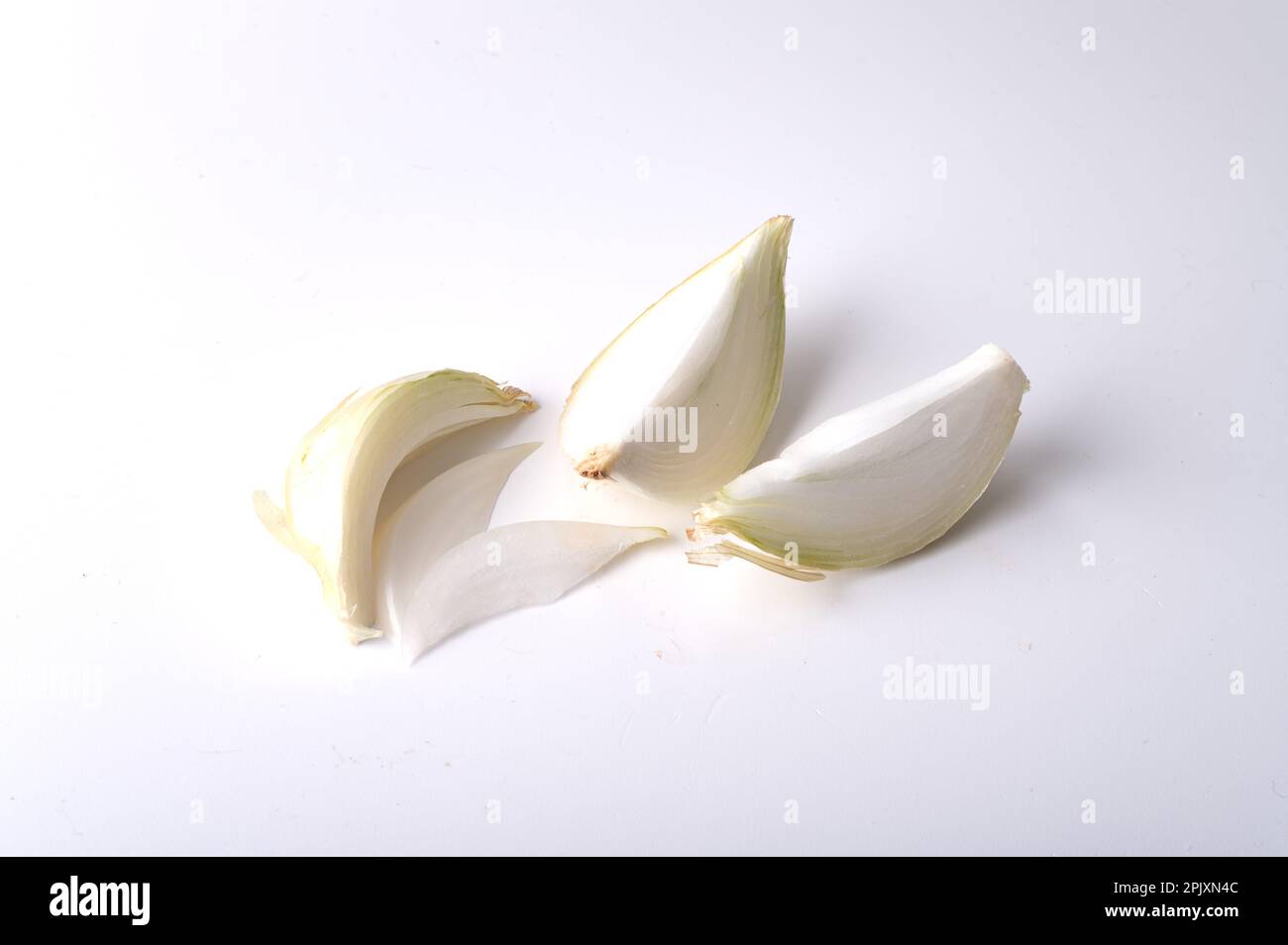 Cipolla tagliata in quattro su bianco isolato Foto Stock