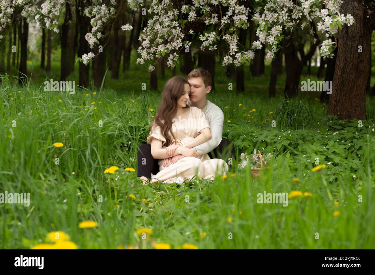 bella donna incinta cammina in un giardino fiorito. marito che abbraccia una moglie incinta Foto Stock