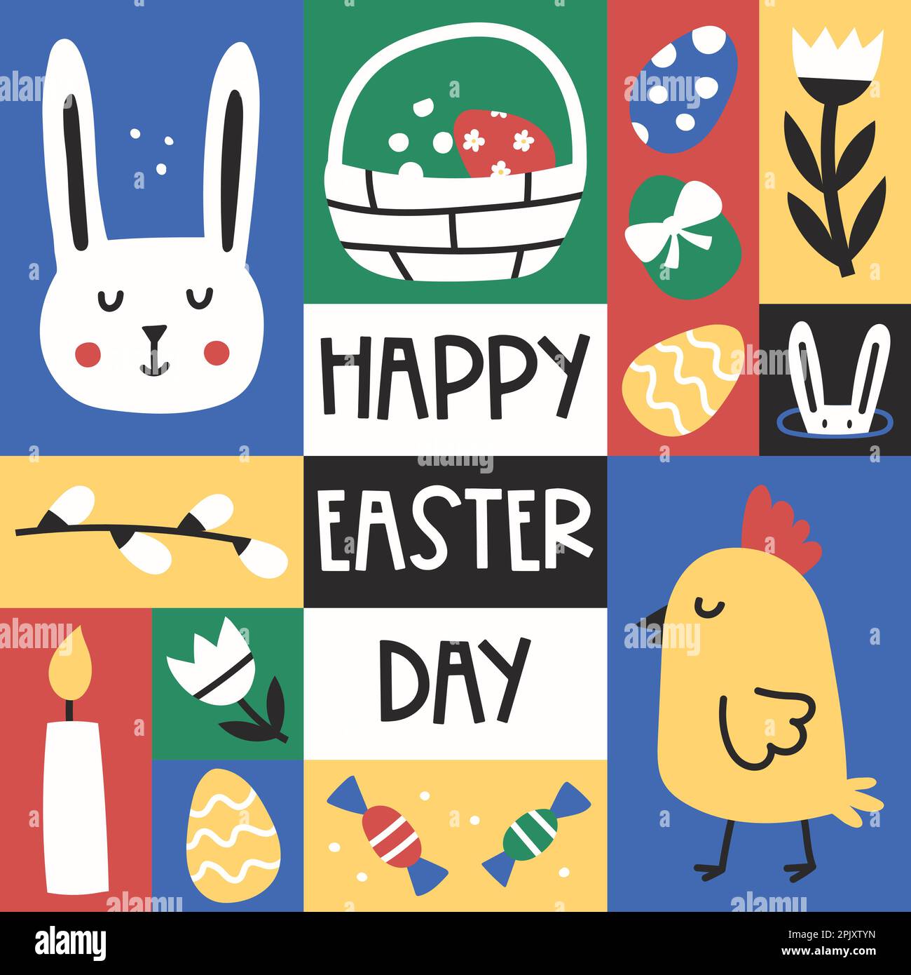 Poster grafico di Pasqua. Biglietto d'auguri quadrato con simpatici simboli di Pasqua. Pollo, fiore, uovo. Colori retro pallido. Design a vettore piatto con minim semplice Illustrazione Vettoriale