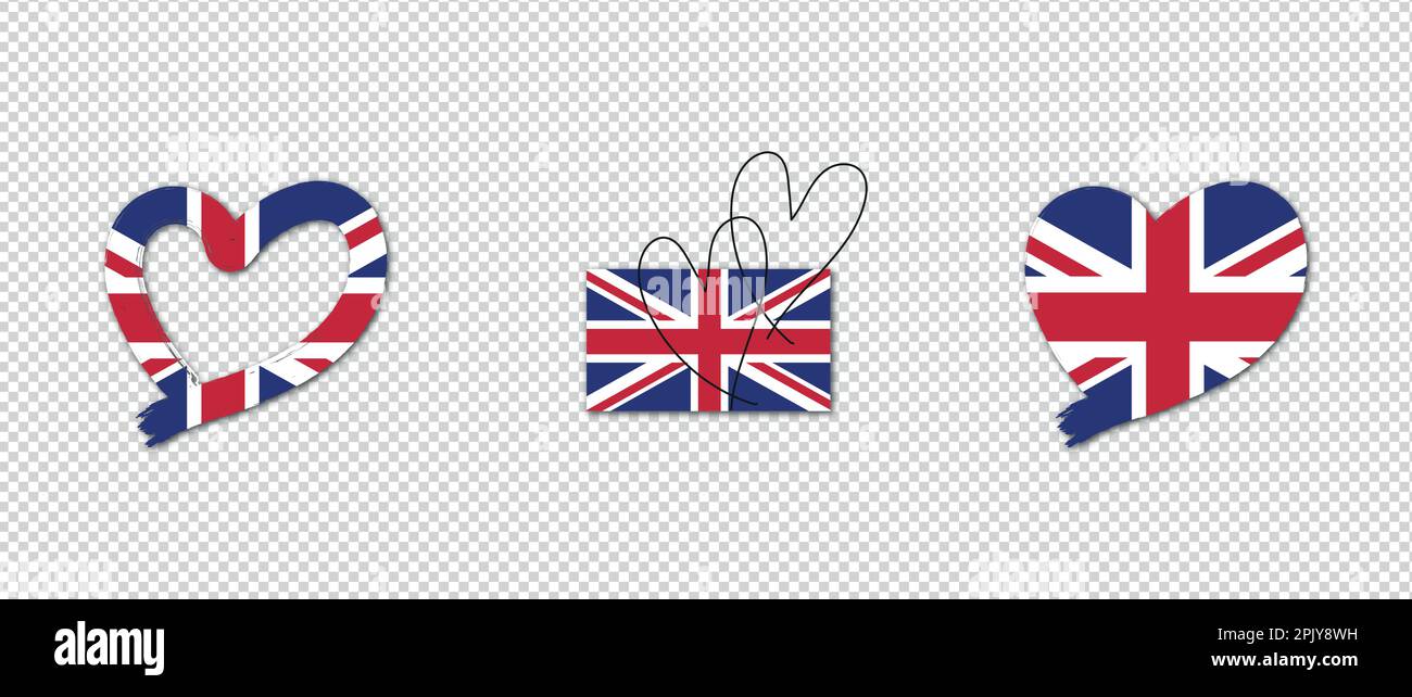 Bandiera del Regno Unito in forma di cuore e contorno cuori. Bandiera creativa isolata del Regno Unito Illustrazione Vettoriale