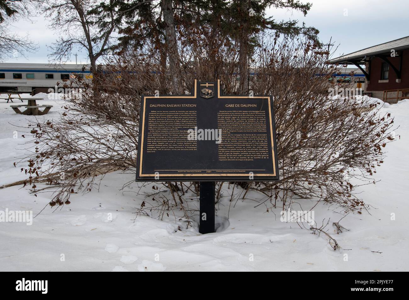 Targa commemorativa della stazione ferroviaria di Dauphin a Manitoba, Canada Foto Stock