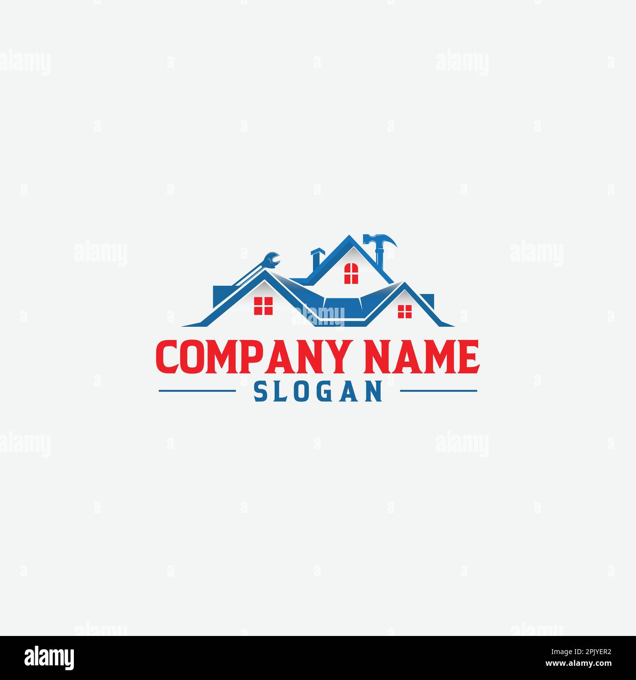 logo creativo della casa del handyman con tetto e attrezzi Illustrazione Vettoriale