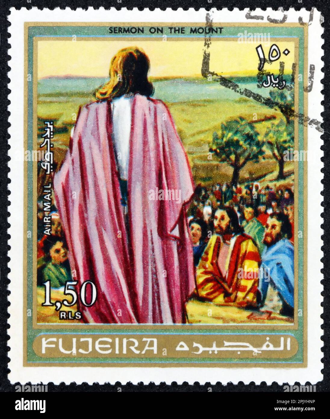 FUJEIRA - CIRCA 1970: Un francobollo stampato a Fujeira mostra sermone sul monte, Gesù Cristo, storia biblica, circa 1970 Foto Stock
