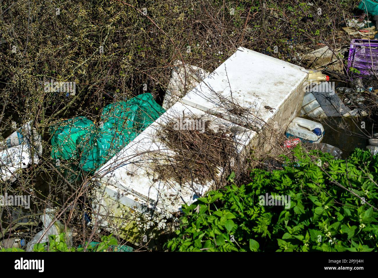 Denham, Buckinghamshire, Regno Unito. 4th aprile 2023. Quantità scioccanti di ribaltamento e lettiera in un ruscello di Denham, Buckinghamshire, compresi teli di amianto, pneumatici, un congelatore frigorifero, contenitori di olio motore e plastica. Il governo ha annunciato misure più severe per coloro che sono stati condannati per comportamenti antisociali, tra cui il flytipping illegale. Credit: Maureen McLean/Alamy Live News Foto Stock