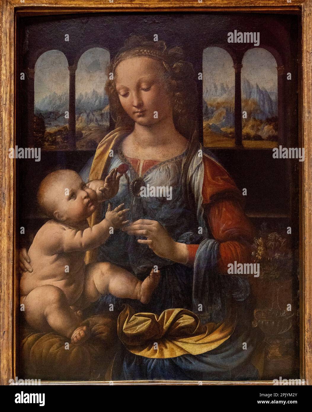 Madonna del garofano di Leonardo da Vinci, Madonna col Bambino , Museo d'arte Alte Pinakothek, Monaco di Baviera, Germania Foto Stock