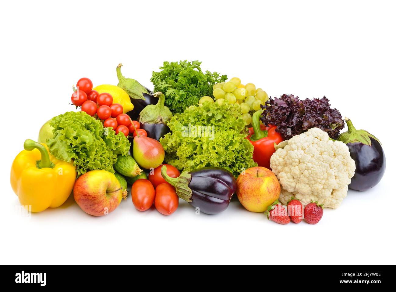 Verdure e frutta gustose e luminose, isolate su sfondo bianco. Foto Stock