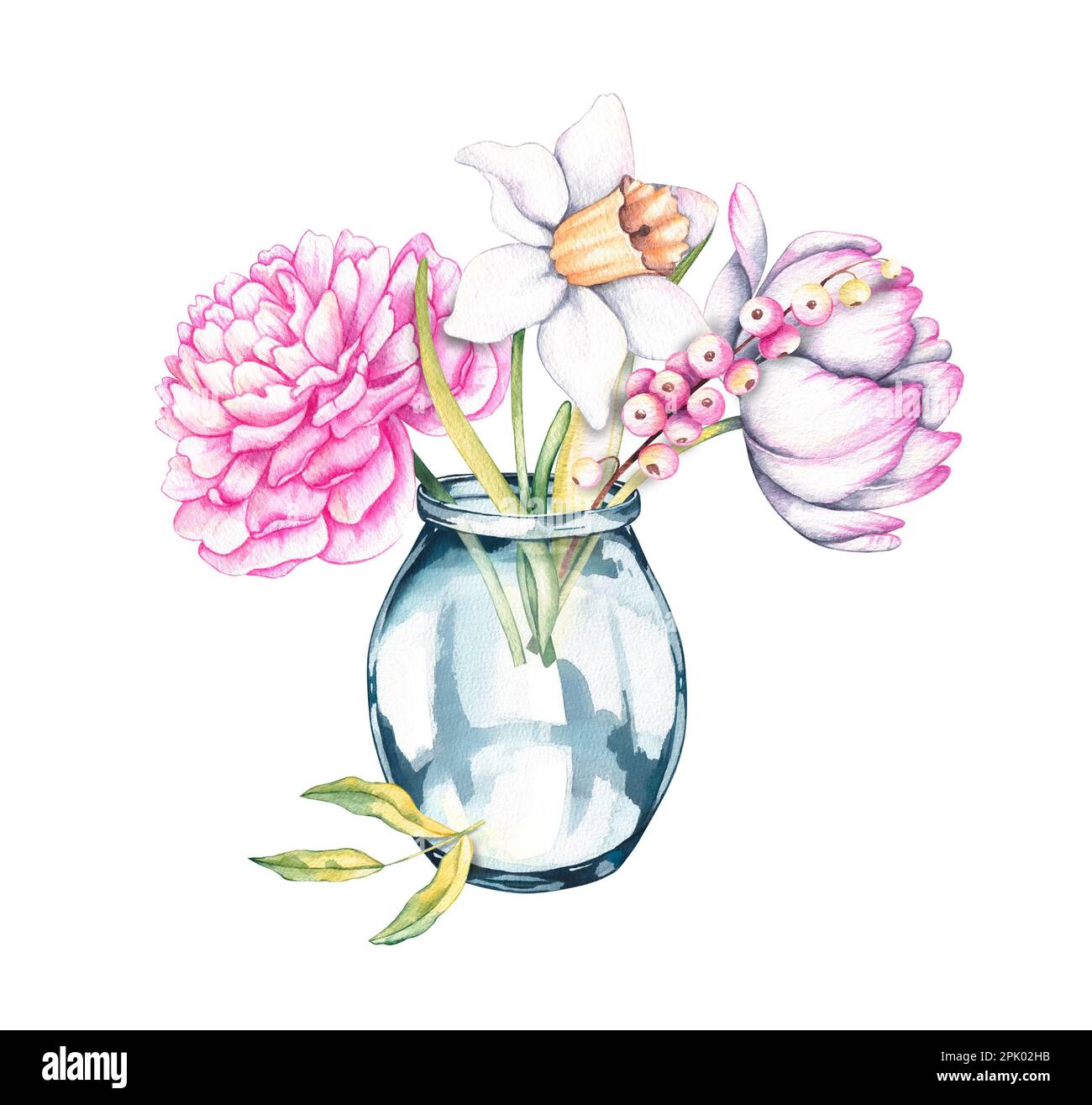Bouquet di fiori in vaso di vetro bouquet acquerello su fondo bianco. Peony, daffodil, tulipano. Illustrazione isolata per tessuti di design, tessuti, wallpa Foto Stock