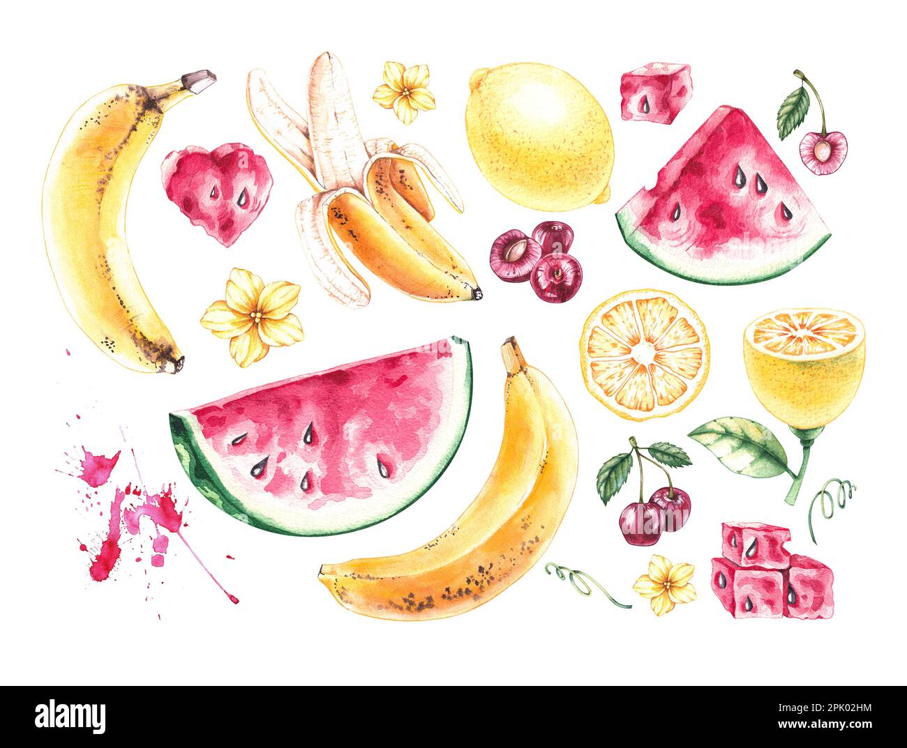 Set di frutti estivi acquerelli, bacche su fondo bianco. Cocomero isolato, banana, limone, ciliegia. Illustrazione per il disegno del tessuto, tex Foto Stock