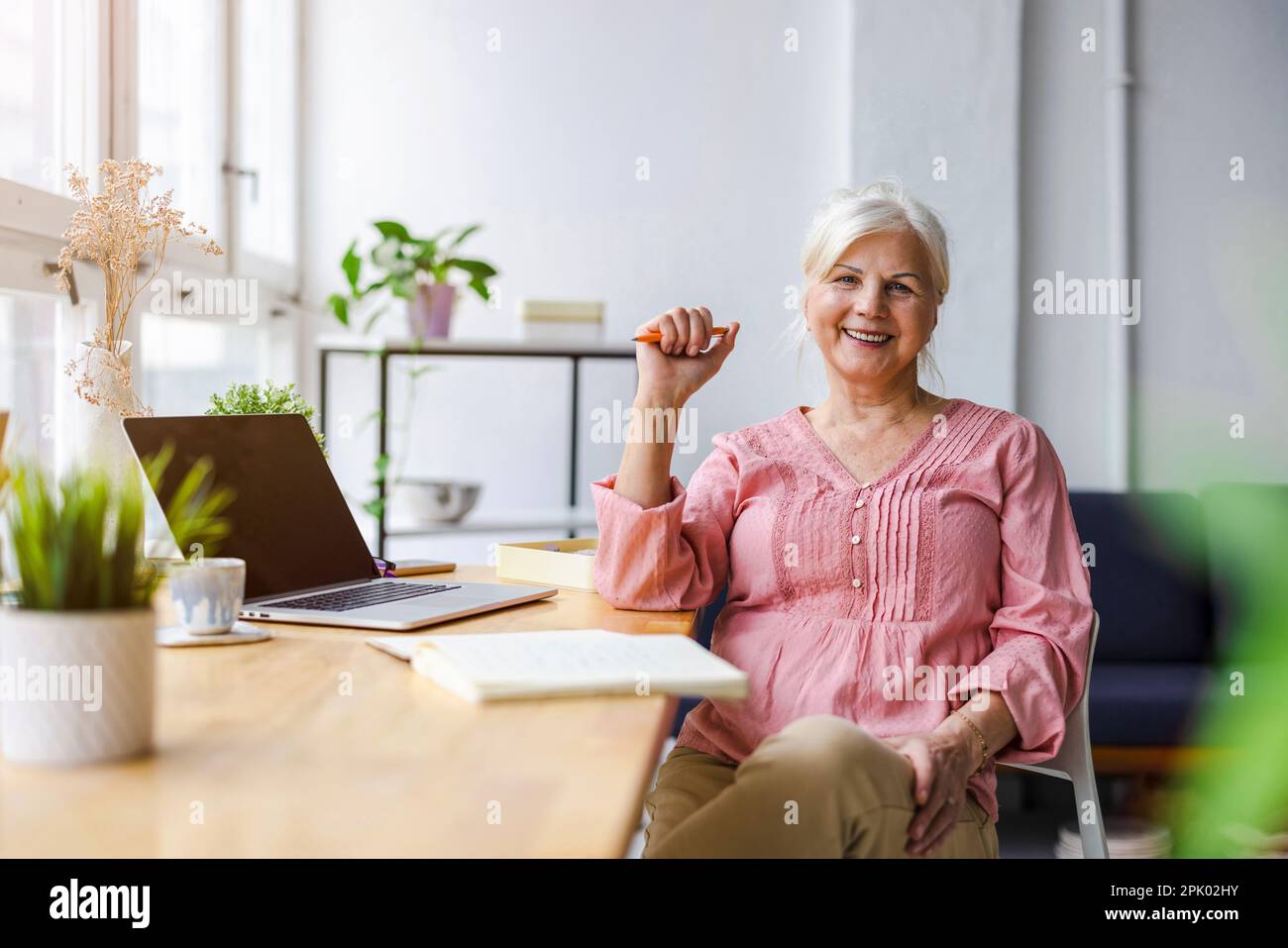 Ritratto di donna d'affari matura sorridente che lavora in un ufficio Foto Stock