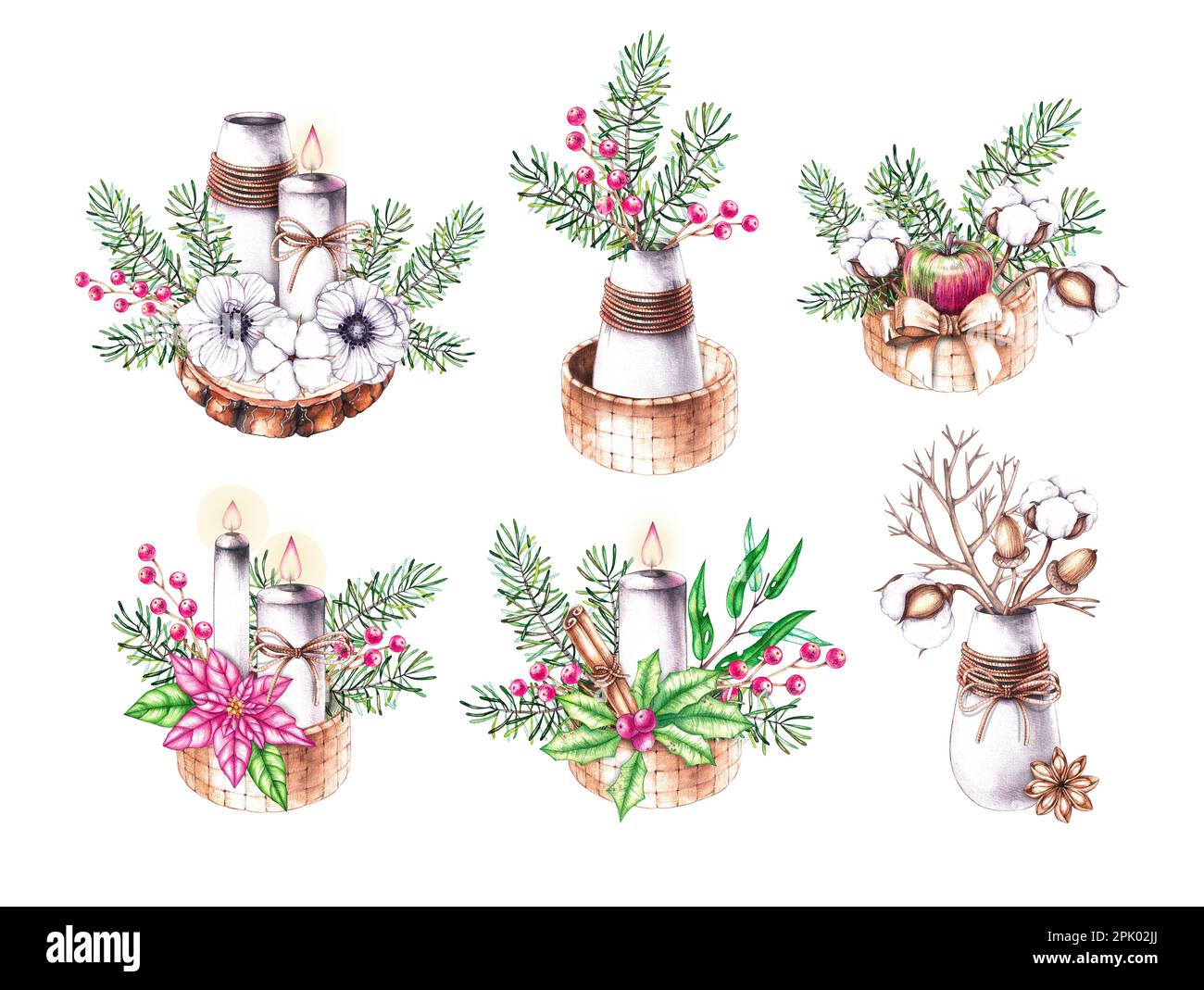 Set di bouquet di Natale acquerello in cesto, vaso con aghi di pino, mela, acorno, , anemone, candela su sfondo bianco. Illustratio isolato Foto Stock