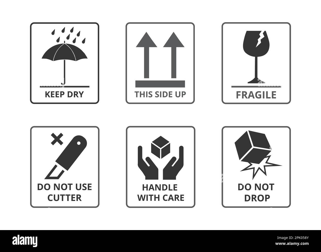 Set monocromatico di icone di imballaggio. Concetto di ecologia e confezionamento. Illustrazione Vettoriale