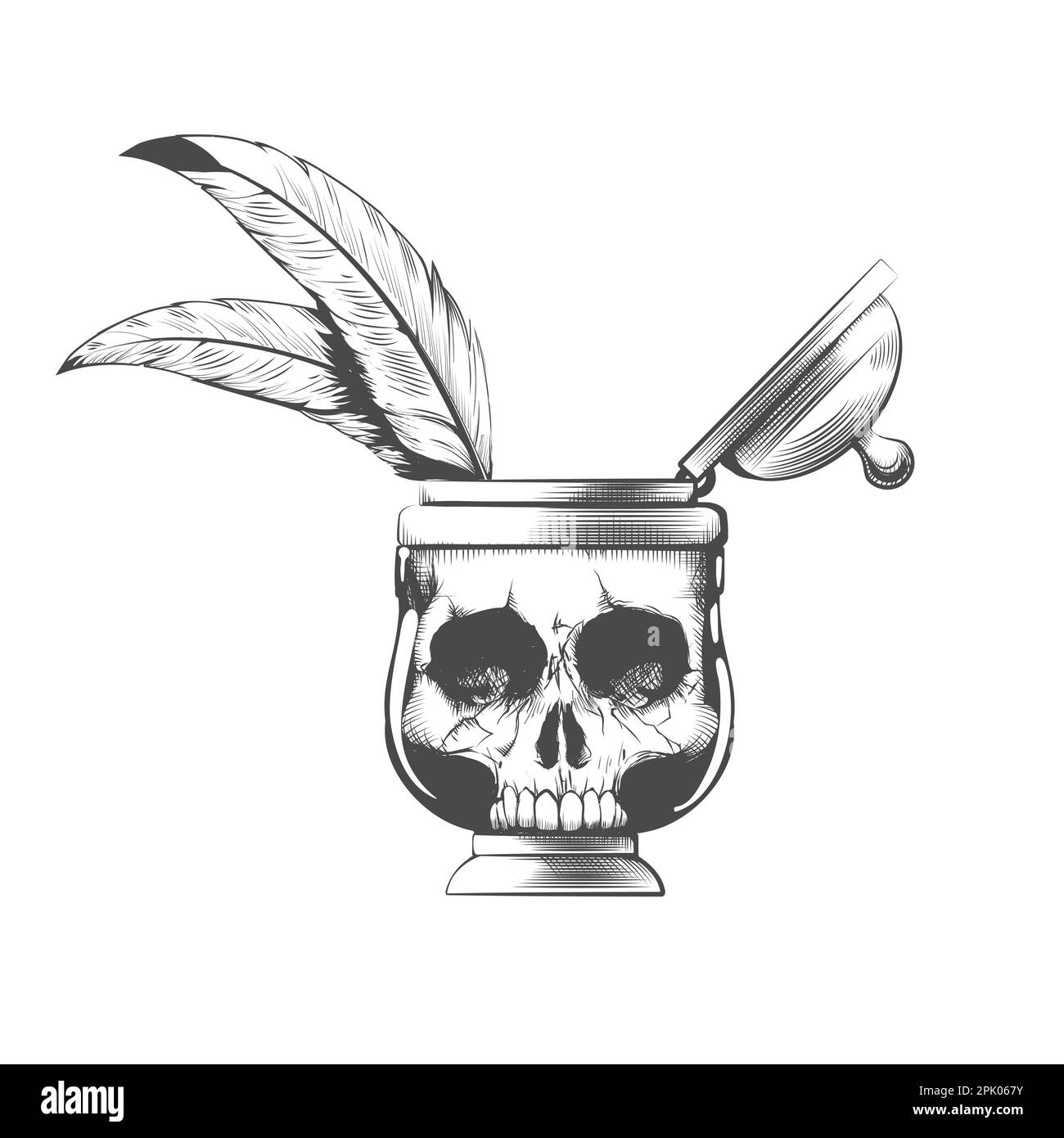 Tatuaggio del cranio faccia aperta Ink Pot con piume isolato su bianco. Illustrazione vettoriale Illustrazione Vettoriale