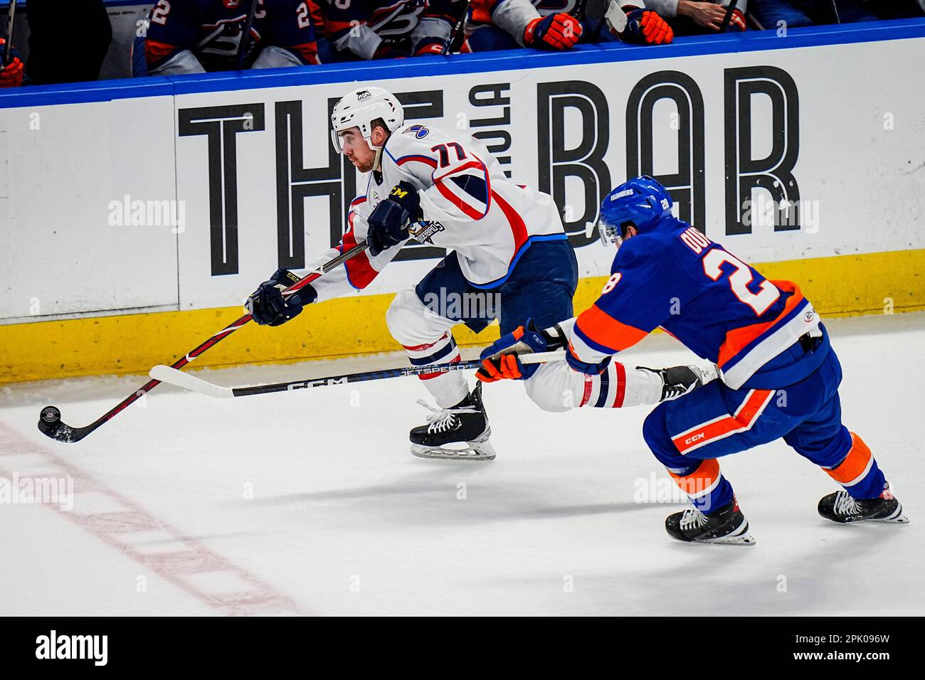 Bridgeport, Connecticut, Stati Uniti. 4th Apr, 2023. Springfield Thunderbirds Drew Callin''¨ (77) muove il ghiaccio puck up contro Bridgeport Islanders William Dufour (28) durante una partita della American Hockey League alla Total Mortgage Arena di Bridgeport, Connecticut. Rusty Jones/Cal Sport Media (Credit Image: © Rusty Jones/Cal Sport Media). Credit: csm/Alamy Live News Foto Stock