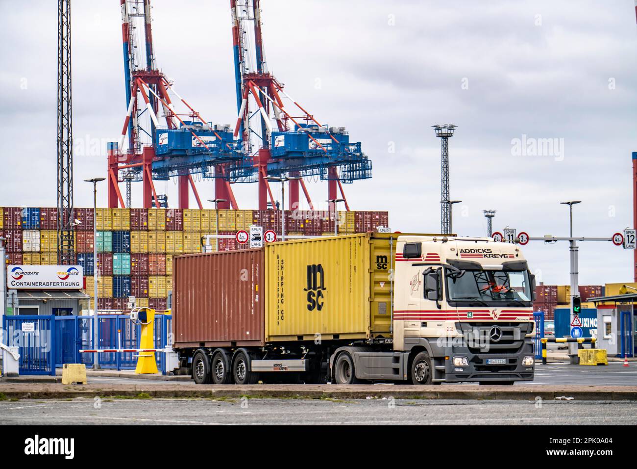 Ingresso ed uscita per container, al terminal container MSC nel porto di Bremerhaven, terminal container Eurogate con quasi 50 contai Foto Stock