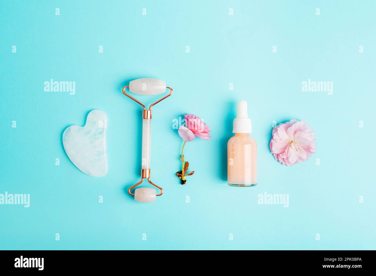 Bottiglia di siero, rullo facciale, pietra gua sha e fiore sakura rosa su sfondo blu. Cura della pelle, concetto di trattamento di bellezza. Vista dall'alto, disposizione piatta. Foto Stock