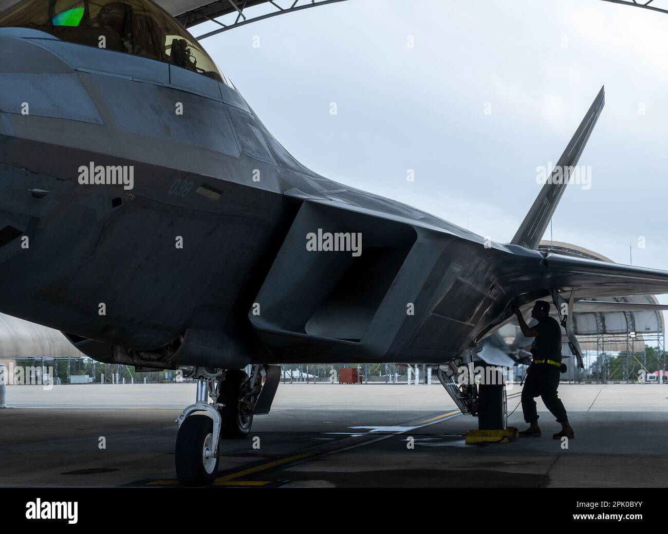 Airman 1st Class Austin Letz, 43rd Fighter Generation Squadron, esegue controlli dell'ultimo minuto sul suo F-22A Raptor prima di una sortie il 24 marzo presso la base dell'aeronautica militare di Eglin, la Lo squadrone Raptor di 325th Fighter Wing è stato a Eglin dal 2018 perché l’uragano Michael ha distrutto la loro stazione di residenza, la Tyndall AFB. I Raptors partiranno presto da Eglin per la loro nuova casa, Langley AFB, Virginia. (STATI UNITI Foto dell'aeronautica/Samuel King Jr.) Foto Stock