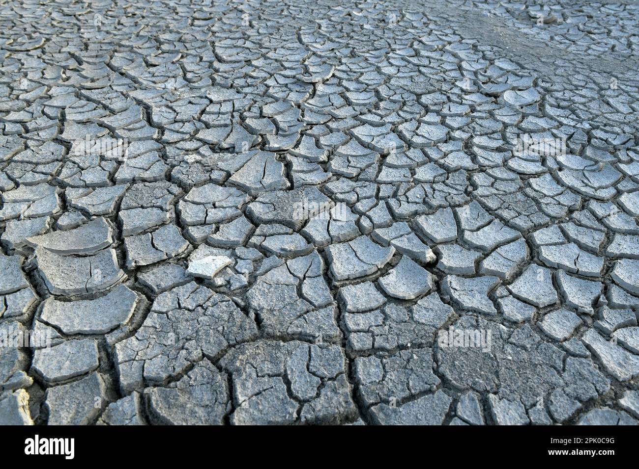 Terreno desolato essiccato con superficie di fango marrone incrinato. Panorama closeup con messa a fuoco profonda Foto Stock