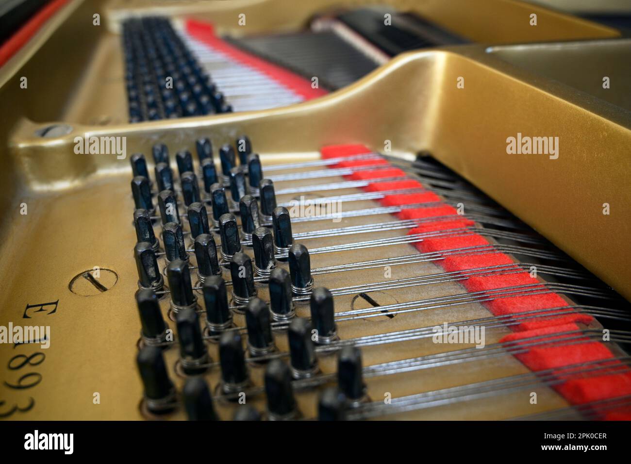 Corde per pianoforte a coda, corpo, piedini e martelli Closeup 1 Foto Stock