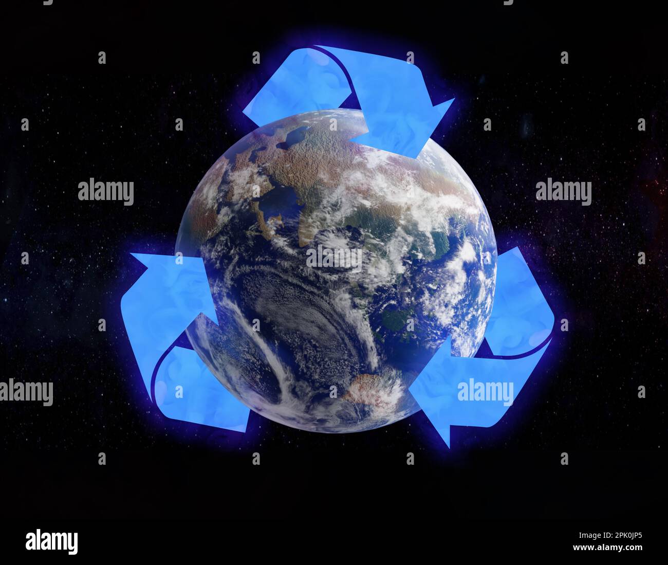 Illustrazione del simbolo di riciclaggio e della terra su sfondo scuro Foto Stock