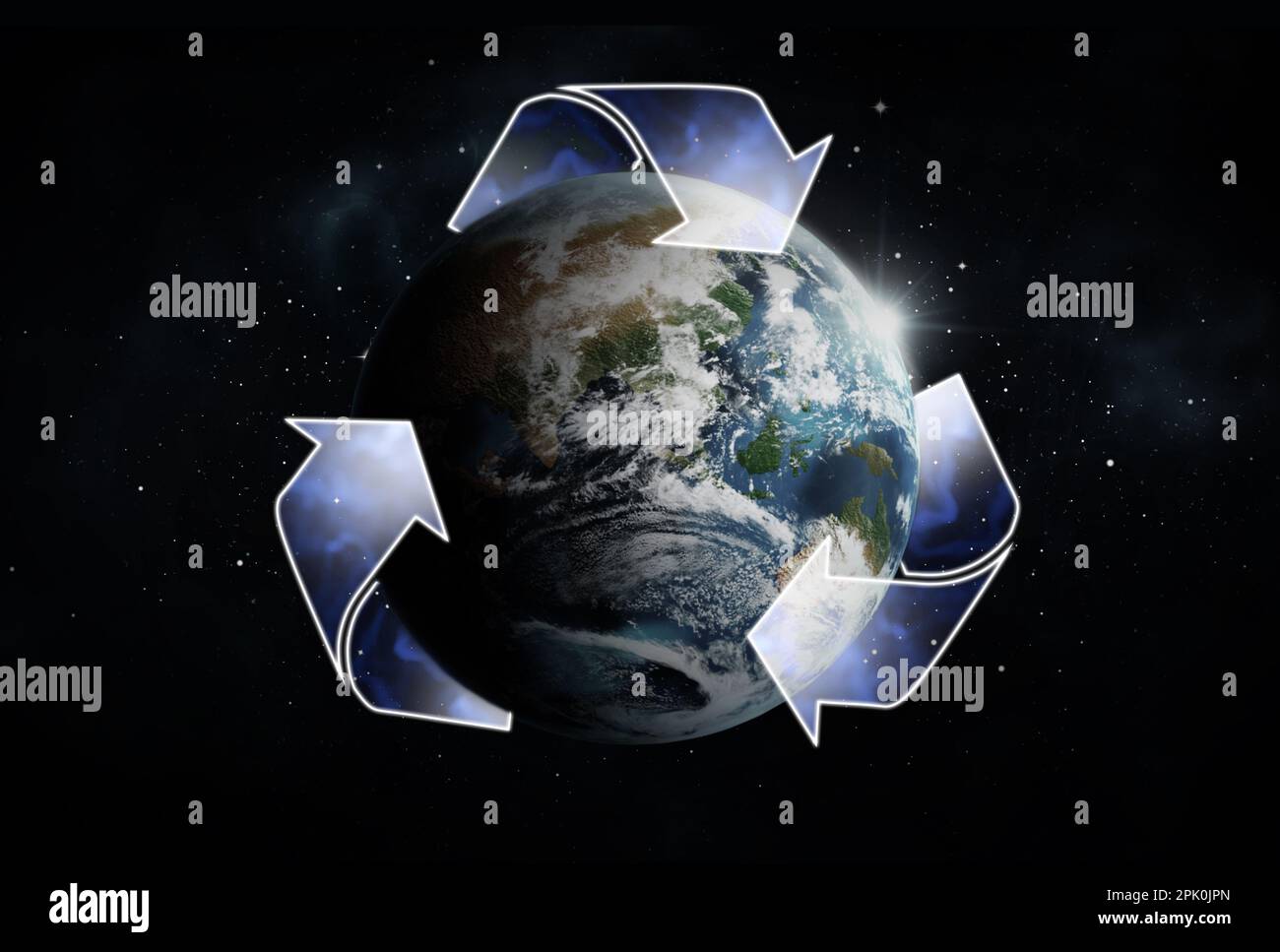 Illustrazione del simbolo di riciclaggio e della terra su sfondo scuro Foto Stock